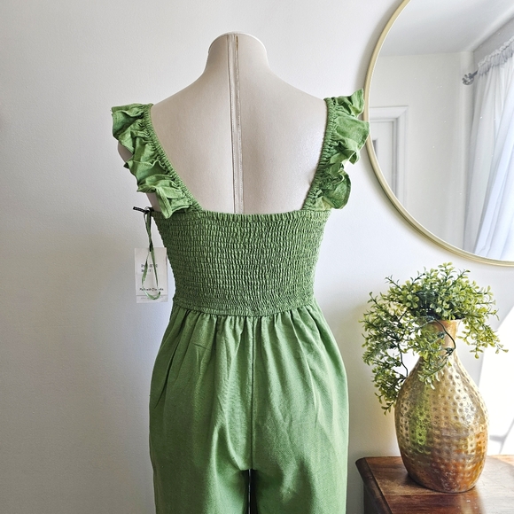 NWT Nordstrom Japna Cotton Linen Blend Frilled Square Neck Green Jumpsuit Size S - Picture 12 of 16